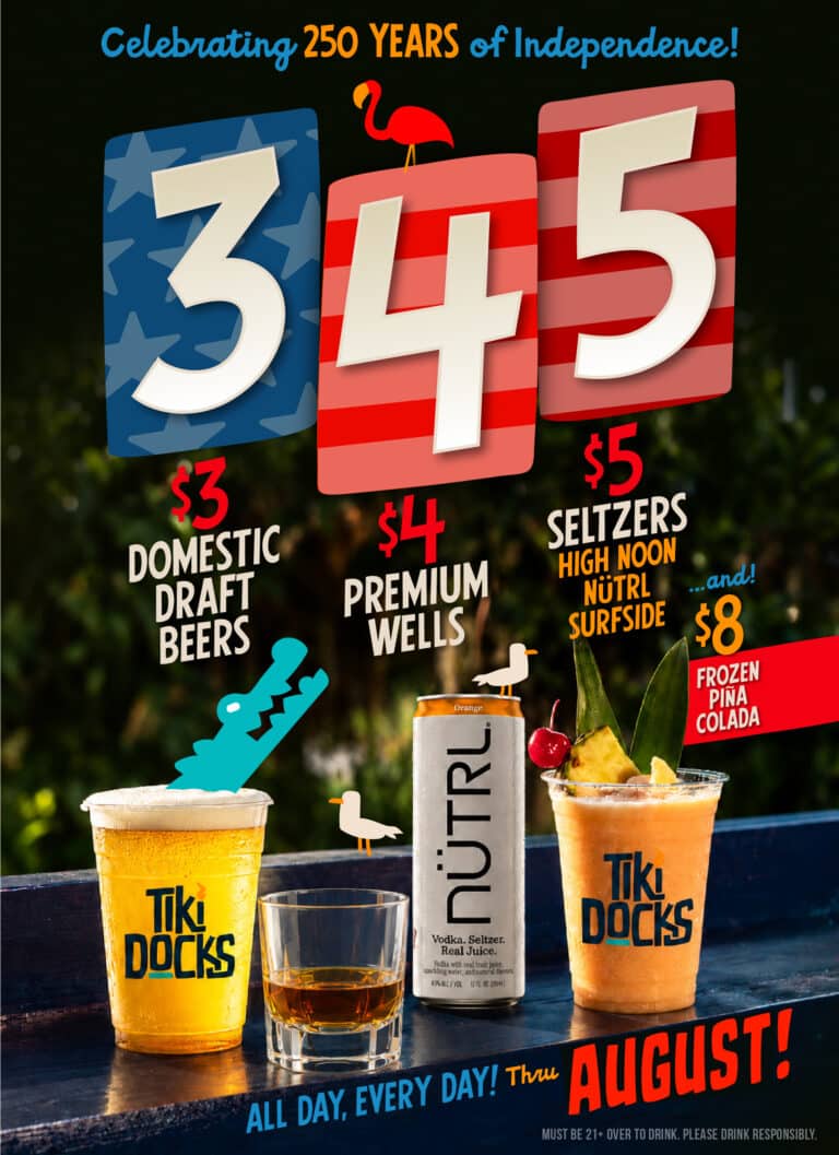 $3 Domestic Draft Beers, $4 Premium Wells, $5 Seltzers, and $8 Frozen Pina Coladas All Day, Every Day, Now through August!
